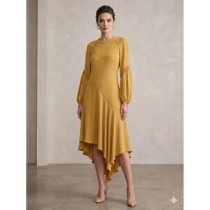 BCBGMaxAzria Women Midi Dress Medium Mustard Asymmetrical Boho Elegant Flow
